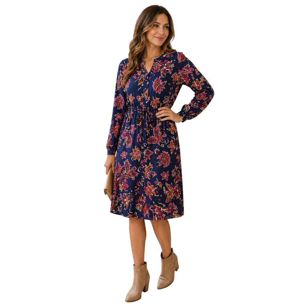 Liz Claiborne Navy Paisley Dress XL Long Sleeve Tie Waist Boho NWT